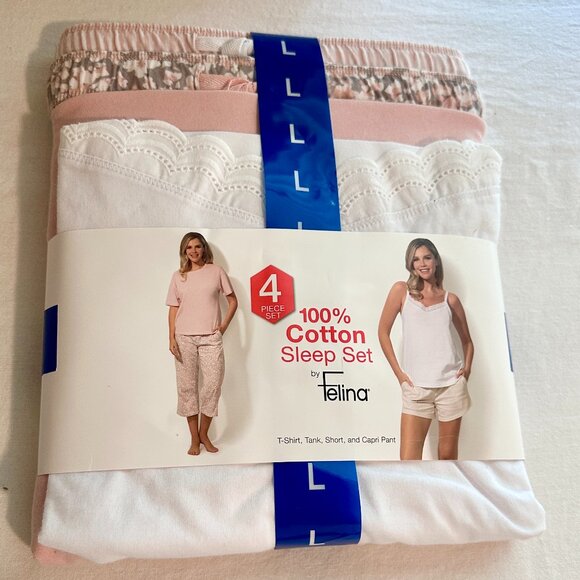 Felina Women's 4 Piece 100% Cotton Sleep Pajama Set, Tee Tank Short Capri Pant - Picture 1 of 10